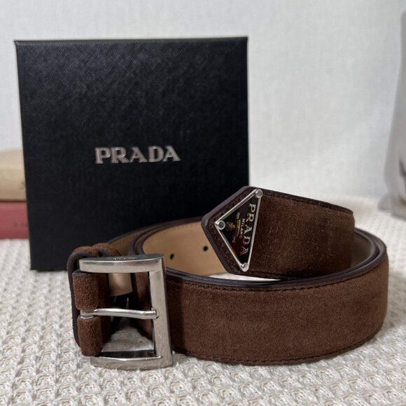 Men's PRADA enamel leather belt with Prada logo, brown, 3.5cm wide - Picture 1 of 10